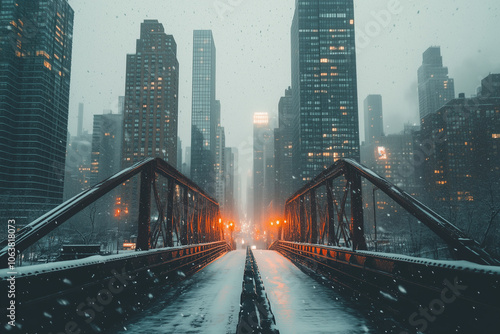 Landscape view of bridge with snowfall in civilization city, Cityscape with plenty of skyscraper and building. photo