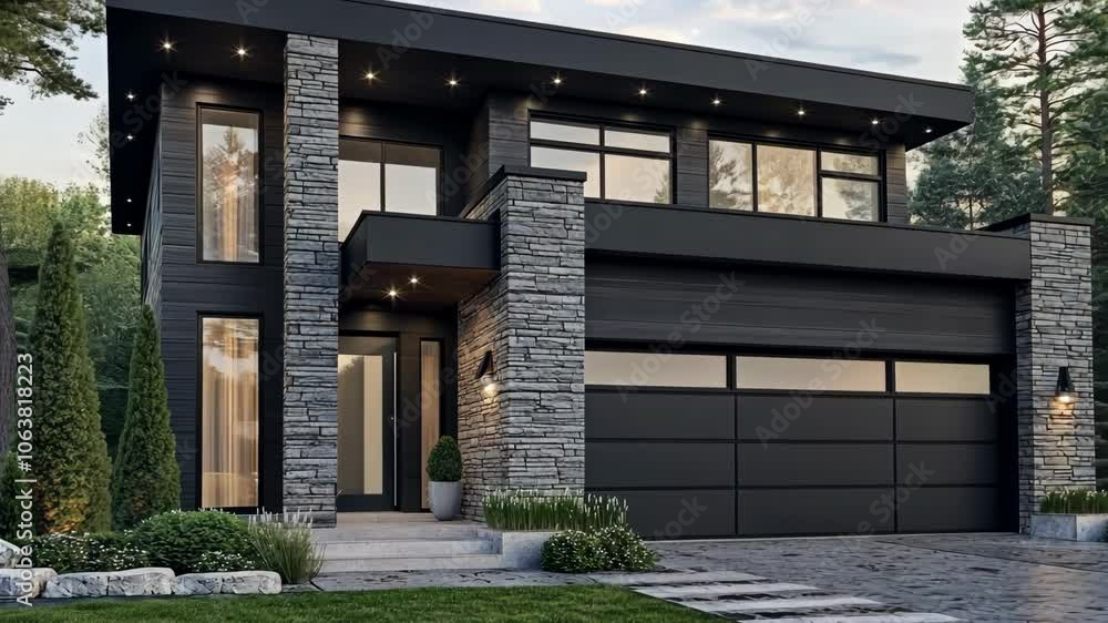 A modern black house with stone accents and large windows sits on a grassy lot A modern black house with stone accents and large windows sits on a grassy lot