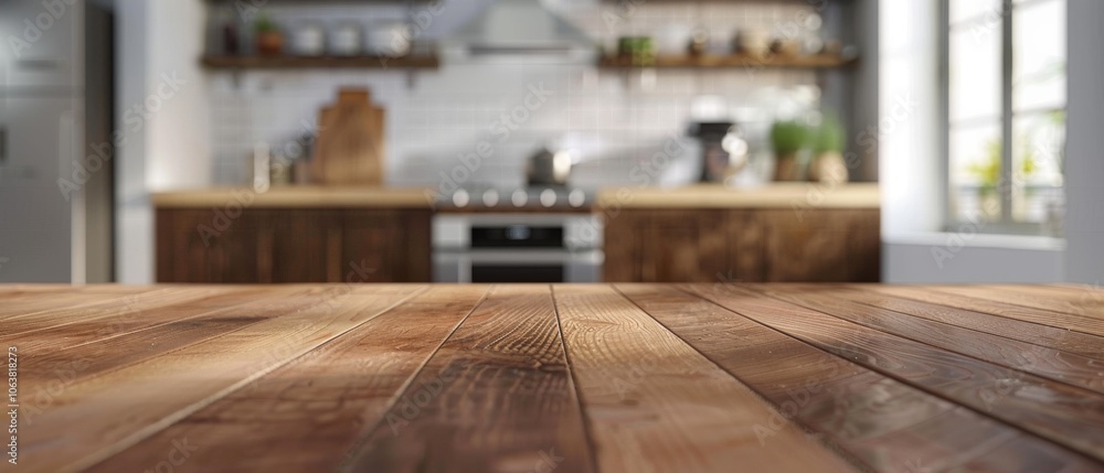 Wood kitchen table in the foreground with a modern kitchen in the background. Banner photography. Wood kitchen table in the foreground with a modern kitchen in the background. Banner photography.