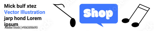 Speech bubble with text Shop in blue. Surrounding musical notes, textual elements. Ideal for music shops, promotional materials, websites, music blogs, online stores. Banner for landing page