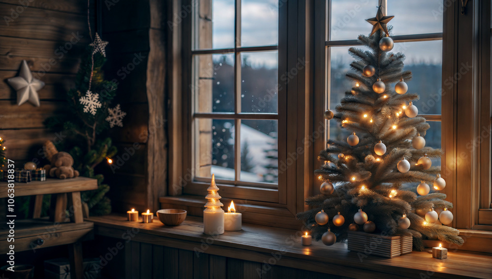 small Christmas tree with candles on wooden windowsill against the background of a window, rustic style
small Christmas tree with candles on wooden windowsill against the background of a window, rustic style