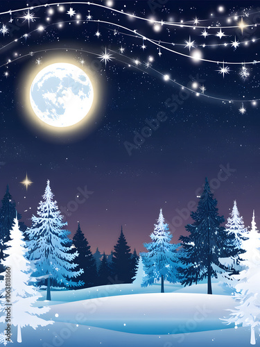 A tranquil winter night under a glowing moon and shimmering stars in a snowy forest landscape