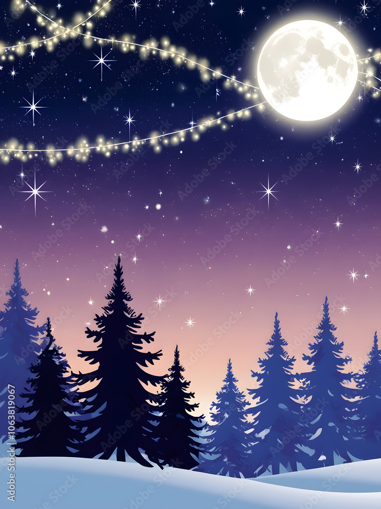 A serene winter night under a glowing moon surrounded by snow-covered pine trees and twinkling lights in the peaceful woods A serene winter night under a glowing moon surrounded by snow-covered pine trees and twinkling lights in the peaceful woods