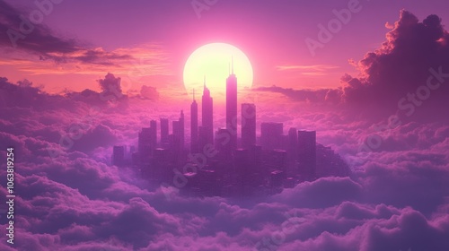 A city skyline emerges from a sea of clouds at sunset, with a bright, yellow sun shining above.