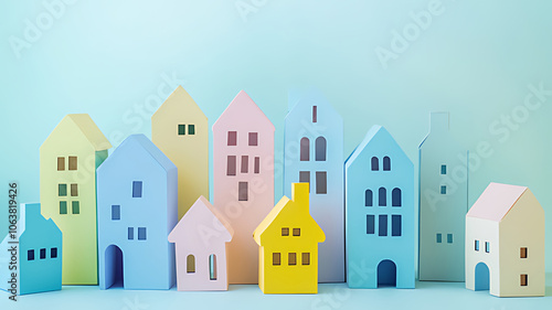 Colorful paper houses arranged in a row against a light blue background.