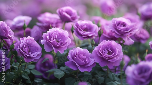 A close-up shot of a field of purple roses in bloom. The flowers are in focus, while the background is softly blurred.