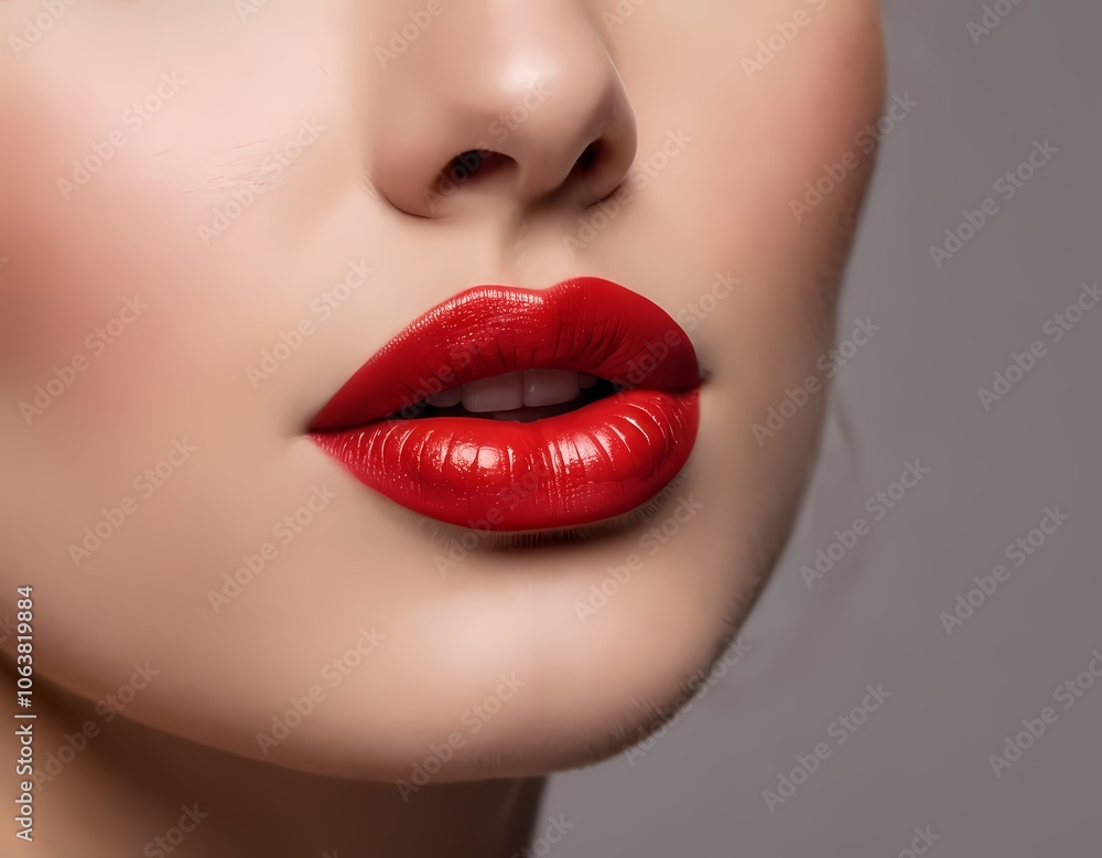 Fototapeta premium Close-up of a woman's lips adorned with bold red lipstick, showcasing a striking makeup look