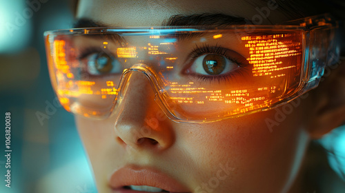 A close-up of a woman's face wearing futuristic glasses that display digital information, highlighting technology and innovation.