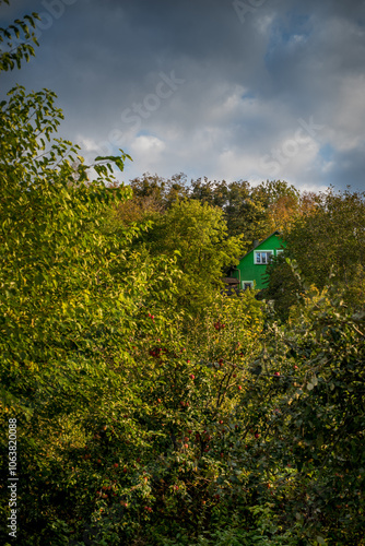 colorful autumn trees of the garden surround the country house