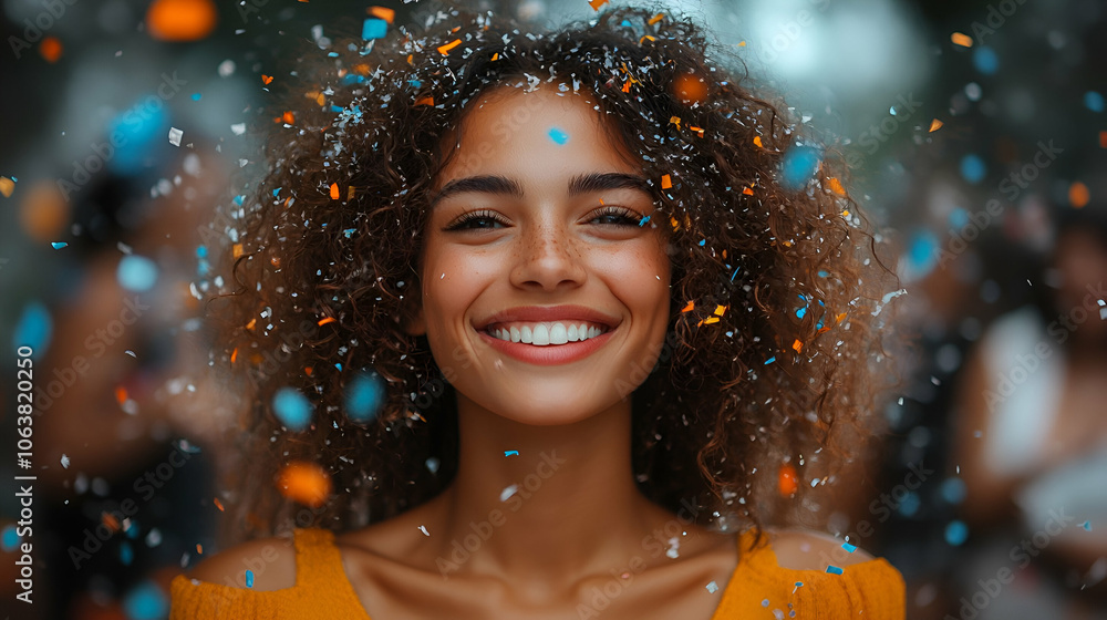 A joyful woman with curly hair smiles amidst colorful confetti, radiating happiness in a festive atmosphere. A joyful woman with curly hair smiles amidst colorful confetti, radiating happiness in a festive atmosphere.