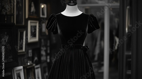 A black velvet dress with puffed sleeves and a pleated skirt, displayed on a mannequin in a dark room with framed pictures in the background.