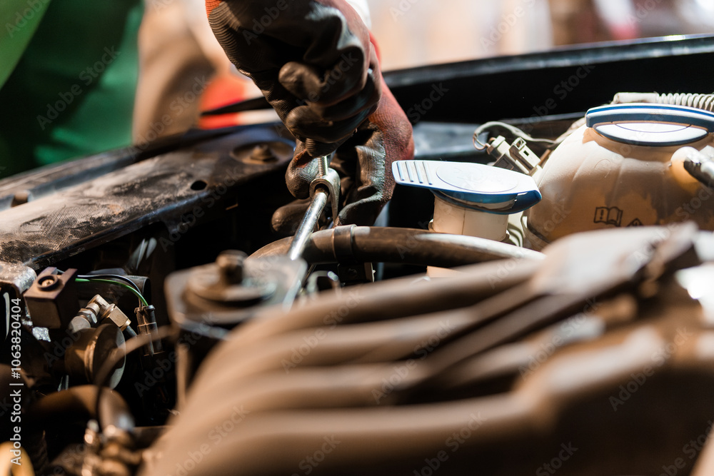 Mechanic Using Socket Wrench Underneath Car Hood for Engine Repair Mechanic Using Socket Wrench Underneath Car Hood for Engine Repair