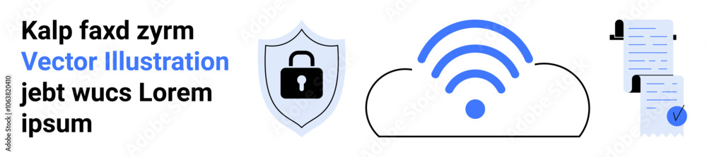 Shield with a lock, wireless signal in a cloud, and signed document icons. Ideal for cybersecurity, internet security, data protection, cloud services, digital contracts, business presentations