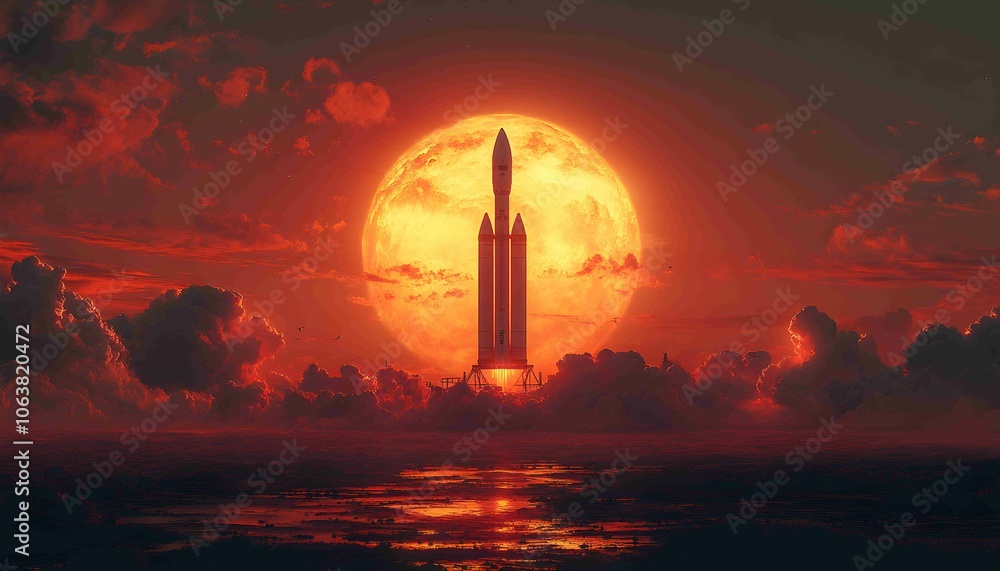 space rocket on launch pad, panoramic shot of the sky and the setting sun in the background, rocket launch, space exploration, launch pad, space rocket on launch pad, panoramic shot of the sky and the setting sun in the background, rocket launch, space exploration, launch pad,