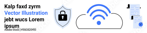 Shield with a lock, wireless signal in a cloud, and signed document icons. Ideal for cybersecurity, internet security, data protection, cloud services, digital contracts, business presentations