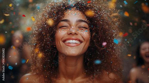 A joyful woman with curly hair smiles wide as colorful confetti falls around her, embodying celebration and happiness.