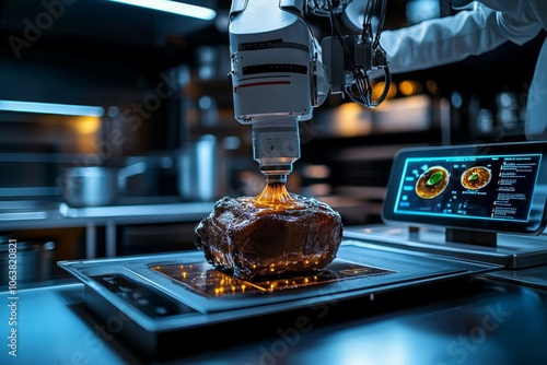 Automated basting robot in a futuristic kitchen, carefully basting a roast with precision, with digital displays and holographic sauce controls photo