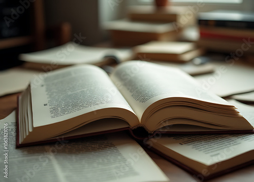 Books lie open on a cluttered tabletop with pages facing upwards exposing their content to anyone in the surrounding area