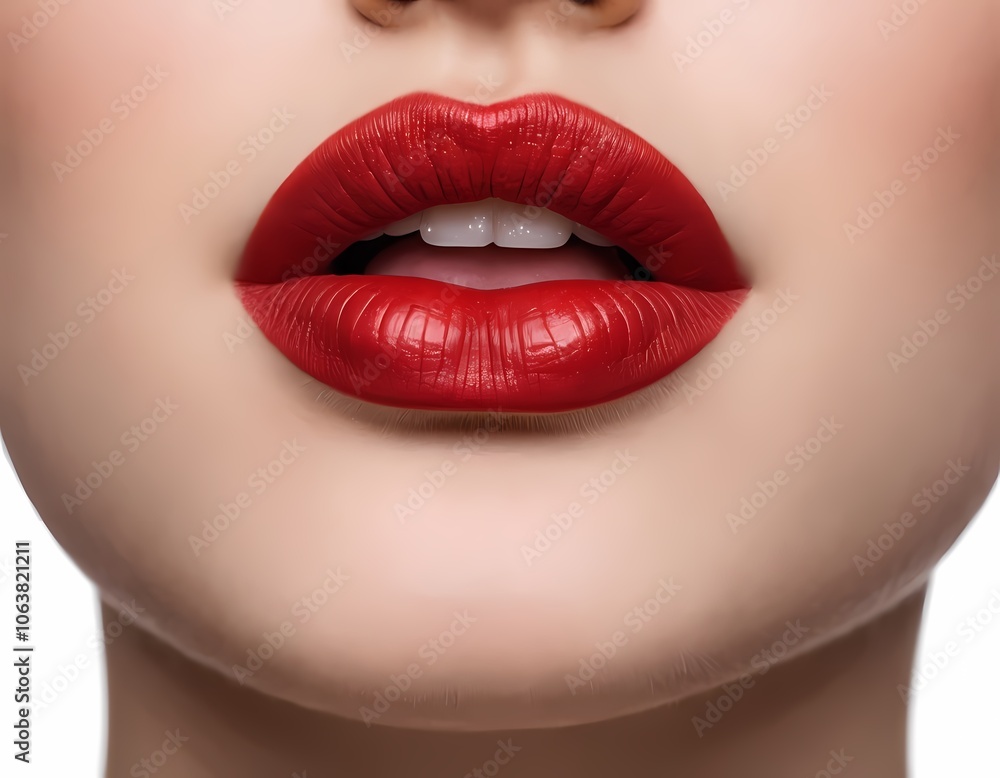 Obraz premium Close-up of a woman's lips adorned with bold red lipstick, showcasing a striking makeup look