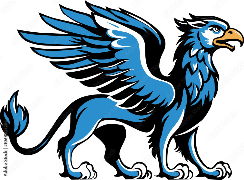 Fototapeta premium a mythological griffin, half lion and half eagle, stands in profile displaying its majestic wings
