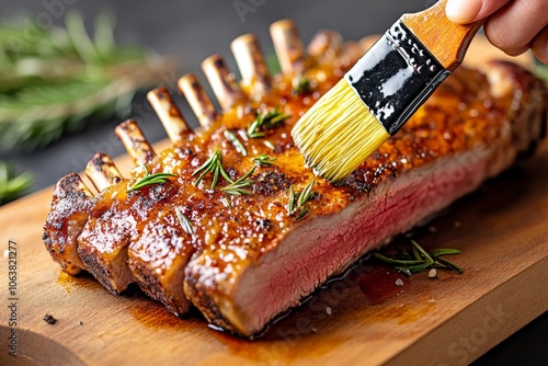 Basting rack of lamb with a rosemary and garlic oil, with a golden glaze and rich aroma in each brushstroke photo