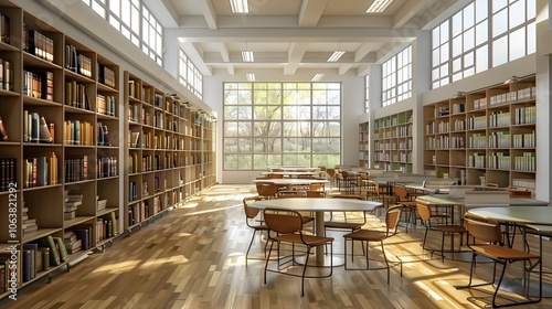 Cozy University Library Workspace with Bookshelves and Natural Lighting