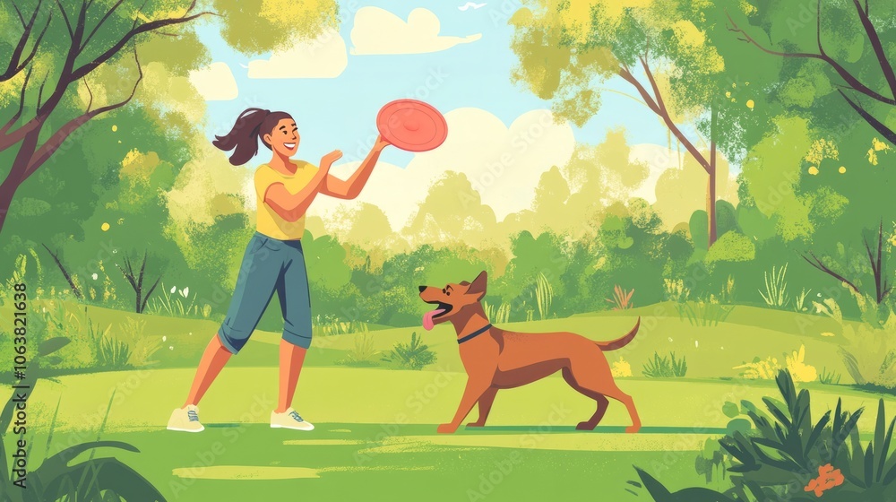 Fototapeta premium woman playing with her dog in the park