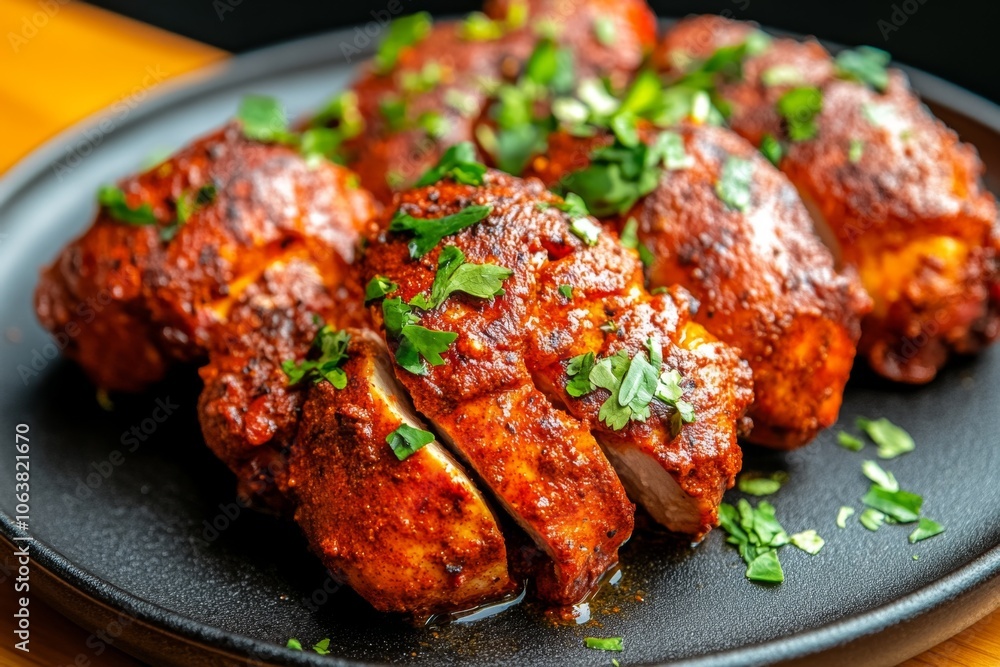 Chicken breasts marinating in a yogurt-based tandoori mix, with bright red and orange colors creating a traditional Indian flavor Chicken breasts marinating in a yogurt-based tandoori mix, with bright red and orange colors creating a traditional Indian flavor