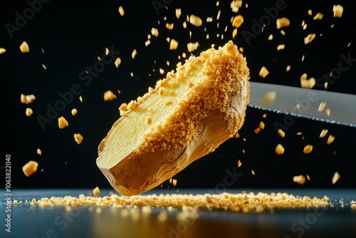 Close-up of ginger root being finely chopped, with bits flying as the knife makes contact with the fibrous texture photo