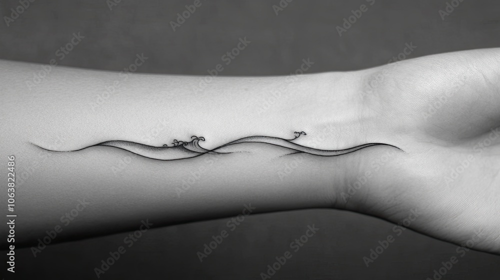 Obraz premium Minimalist wave tattoo design on the wrist, representing the ocean and freedom. Simple lines for an elegant, understated look.