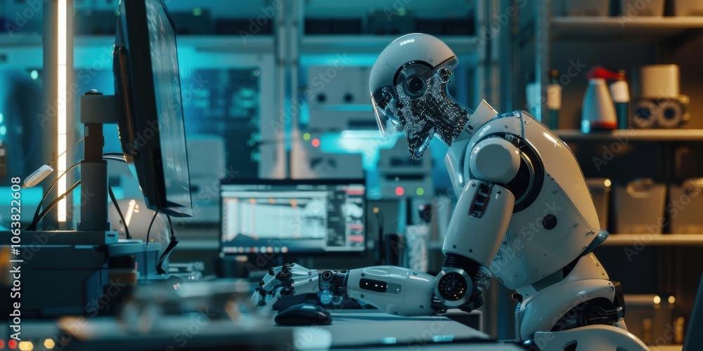 Futuristic Robot Working on a Computer in a High-Tech Office Environment, AI-Generated Artwork Futuristic Robot Working on a Computer in a High-Tech Office Environment, AI-Generated Artwork