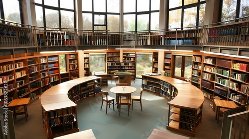 Elegant and Sophisticated Library Interior with Curved Bookshelves and Study Desks