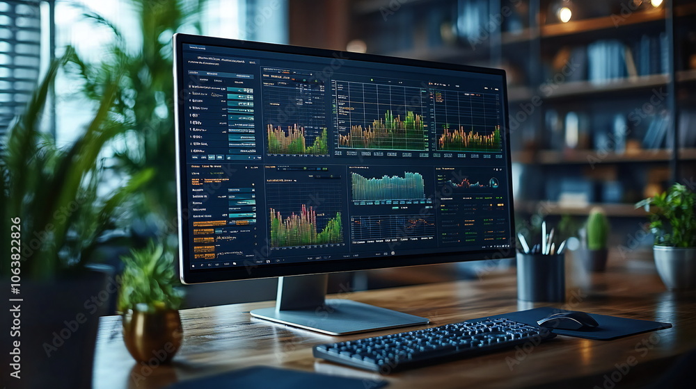 A close-up view of a desktop computer screen displaying a variety of graphs and charts, likely related to financial data, stock market, or market analysis. A close-up view of a desktop computer screen displaying a variety of graphs and charts, likely related to financial data, stock market, or market analysis.