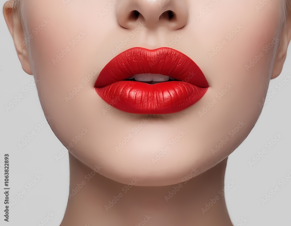 Close-up of a woman's lips adorned with bold red lipstick, showcasing a striking makeup look Close-up of a woman's lips adorned with bold red lipstick, showcasing a striking makeup look