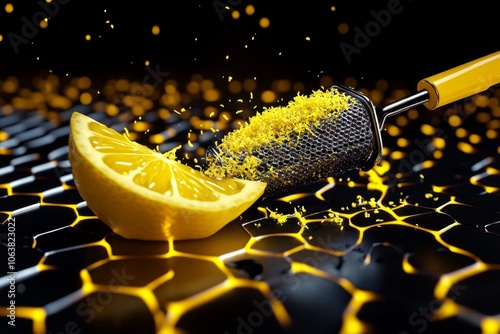 Digital illustration of a grater zesting a lemon in a clean, modern kitchen, with fine yellow zest and glossy textures capturing freshness