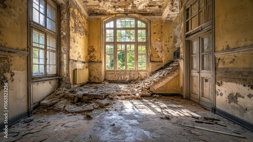 Abandoned room with peeling walls and a staircase, showcasing decay and neglect.