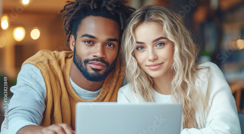 Un hombre y una mujer están sentados en una mesa con un ordenador portátil, trabajando,estudiando o con su negocio on line en internet. Teletrabajo y formación on line. 