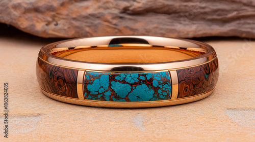 Desert Bloom Ring: 14k Rose Gold with Stabilized Turquoise and Koa Wood Inlay  photo