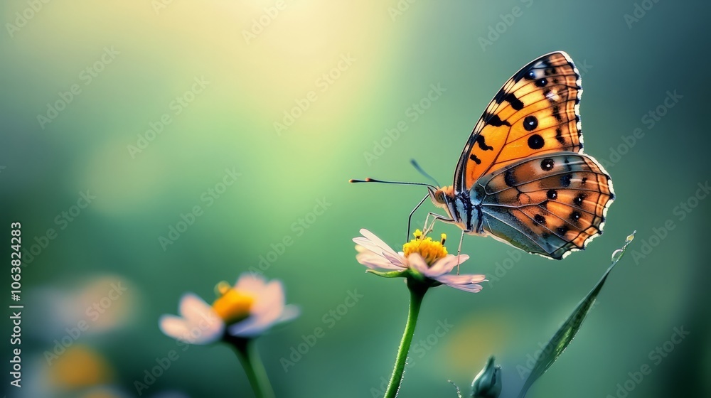 Butterfly drinking nectar from a flower, minimalist green field in the background Butterfly drinking nectar from a flower, minimalist green field in the background