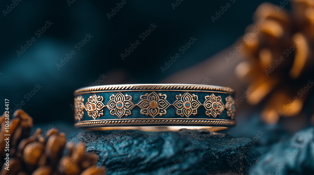 Intricate Gold and Blue Ring: A close-up of a stunning gold ring with intricate blue enamel work, set against a backdrop of rich, textured blues and browns. The details of the design are highlighted. Intricate Gold and Blue Ring: A close-up of a stunning gold ring with intricate blue enamel work, set against a backdrop of rich, textured blues and browns. The details of the design are highlighted.