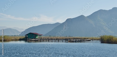 Obraz na płótnie Active fishing farm at Dalyan River with reed grasses in Turkey w salonie