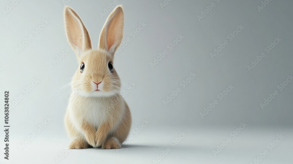 Fototapeta premium Charming Bunny: A cute bunny with long ears, sitting on a minimalist white background, looking directly at the viewer. 