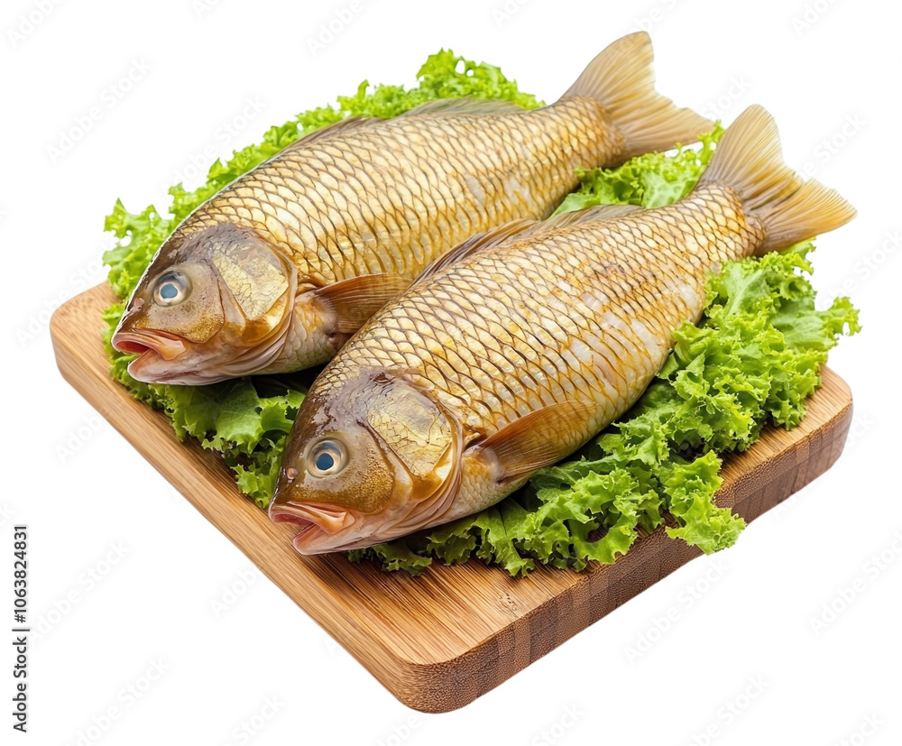 Smoked fish on a wooden cutting board with lettuce and spices, placed on a white background, fully visible and centered. PNG transparent. Smoked fish on a wooden cutting board with lettuce and spices, placed on a white background, fully visible and centered. PNG transparent.