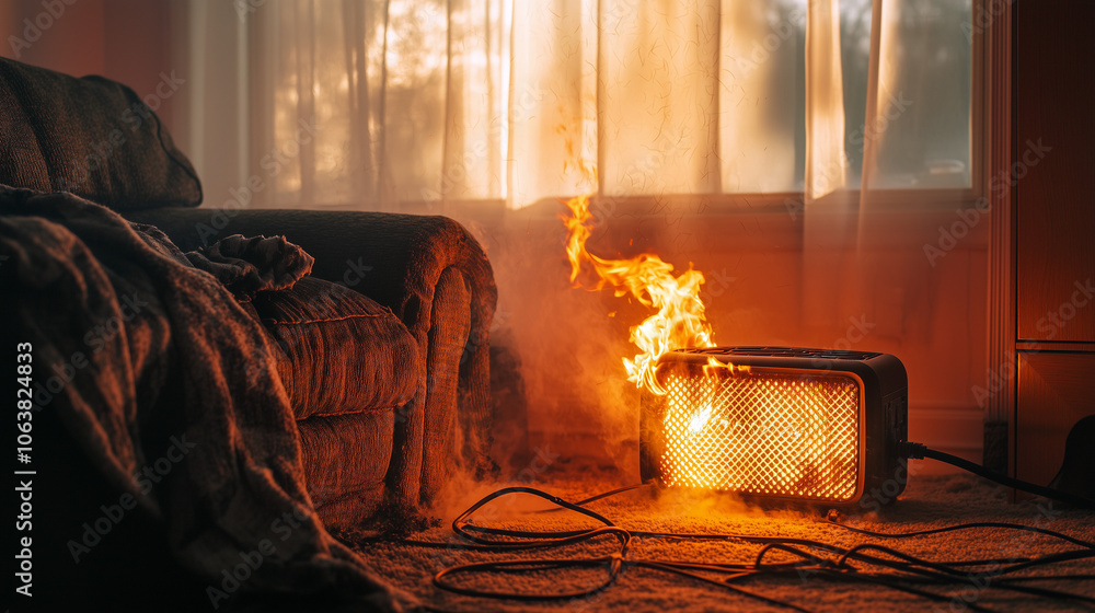 A space heater igniting flames near a couch in a cozy living room during evening hours