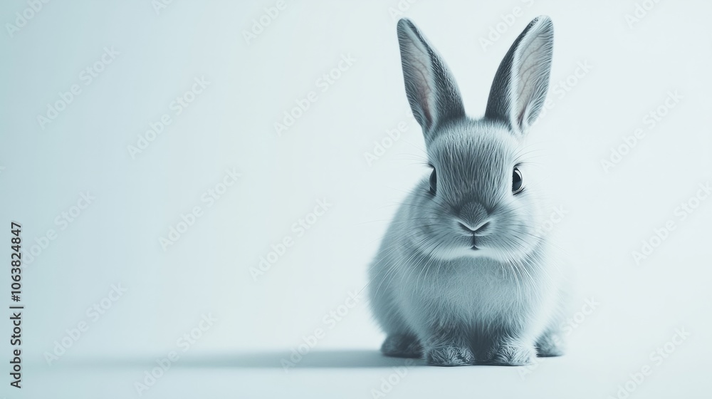 Fototapeta premium Charming Bunny: A cute bunny with long ears, sitting on a minimalist white background, looking directly at the viewer. 