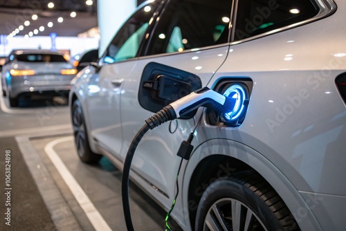 image shows an electric car being charged