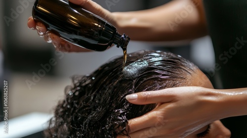 Beautician applying hair growth serum on client s scalp for healthy hair treatment session photo