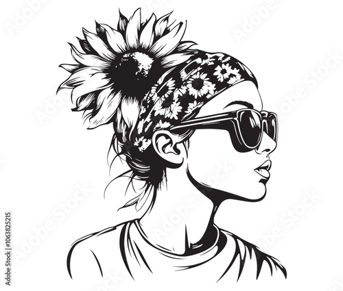 Girl with sunglasses, Vector woman face Curly hairstyle, Woman fashion icon