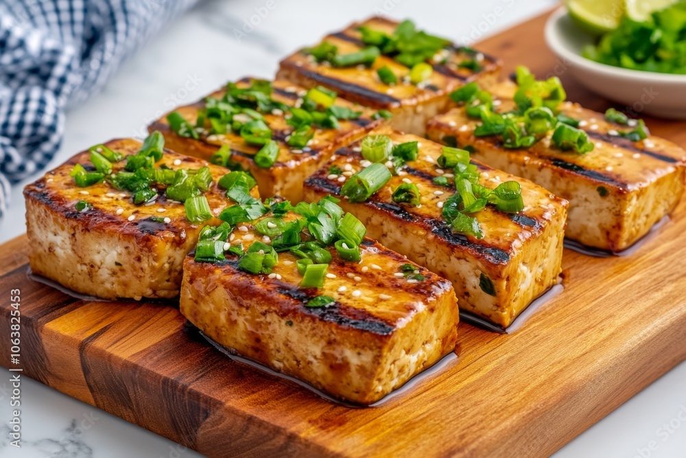 Marinating tofu in a ginger-sesame dressing, with each piece soaking up the vibrant flavors of the marinade Marinating tofu in a ginger-sesame dressing, with each piece soaking up the vibrant flavors of the marinade