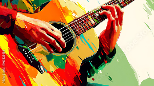 Closeup of a hand playing an acoustic guitar with vibrant colorful brushstrokes in the background.